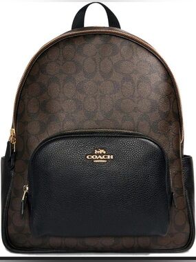 COACH ~ Brown Signature Canvas with Black Leather Front Pocket Backpack